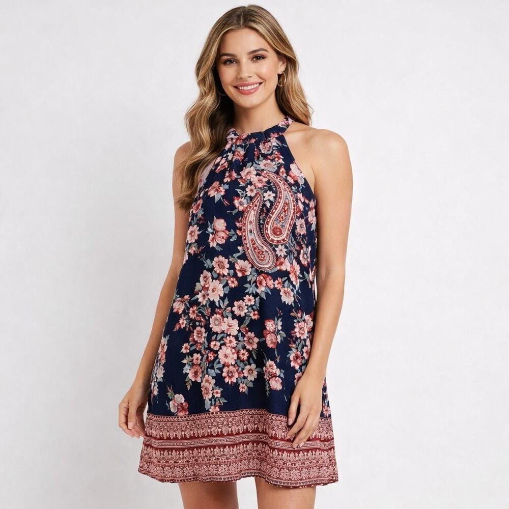 Altar’d State Navy Floral Halter Dress Boho Paisley Border Sleeveless‎ Romantic